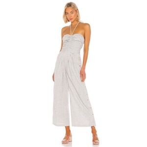 L'Academie Light Gray Linen Tie Neck Ruched Jumpsuit